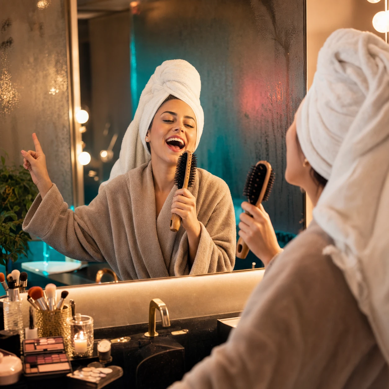 Cover art for Party Preparation Song showing a woman singing into a mirror with a brush microphone