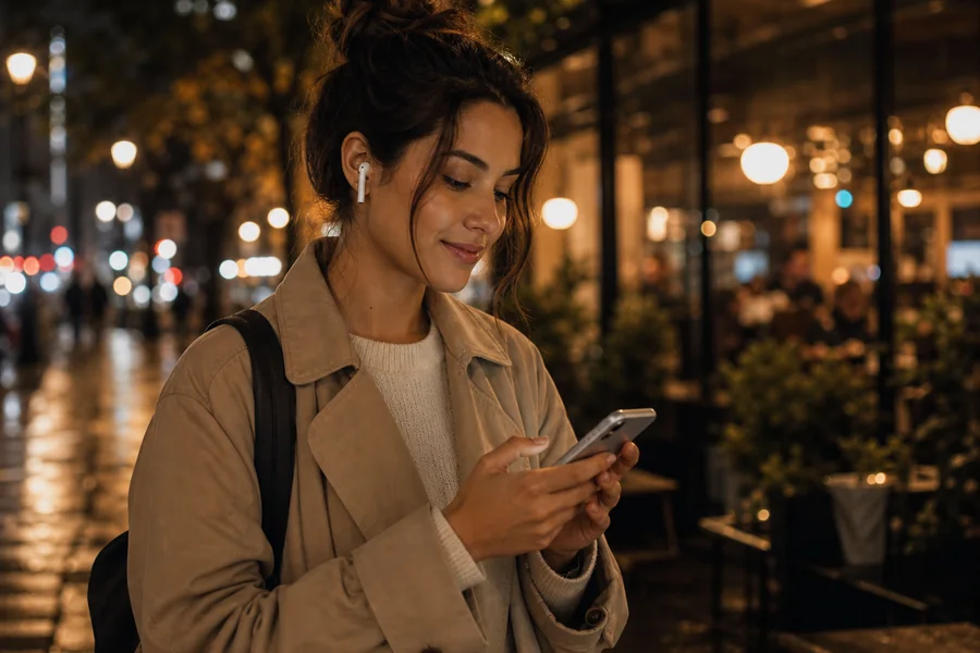 Young woman with earbuds using her smartphone on a warmly lit city street at night