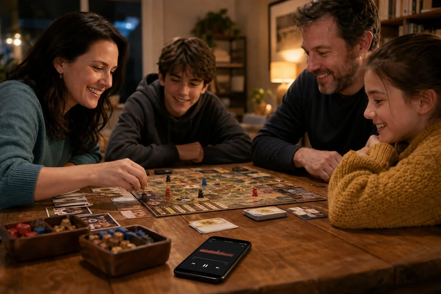 Family playing a board game while a music app plays on a phone