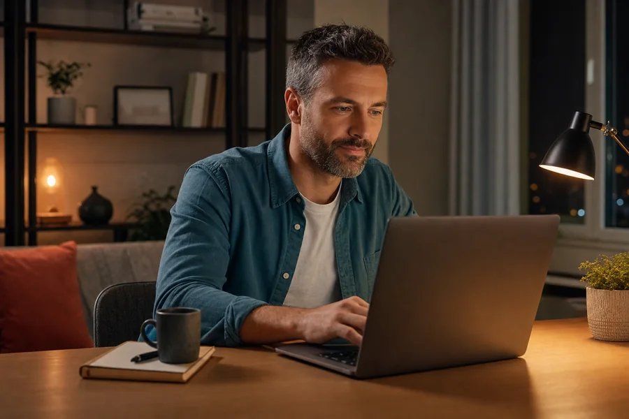 Man working at a laptop in a warm home workspace