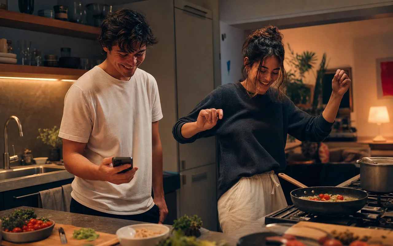 Two young adults cooking together while one chooses music on a phone