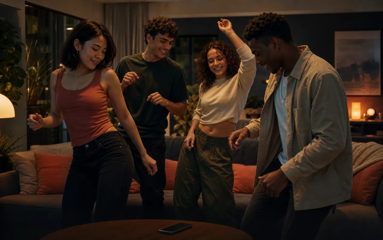Friends dancing together in a cozy living room
