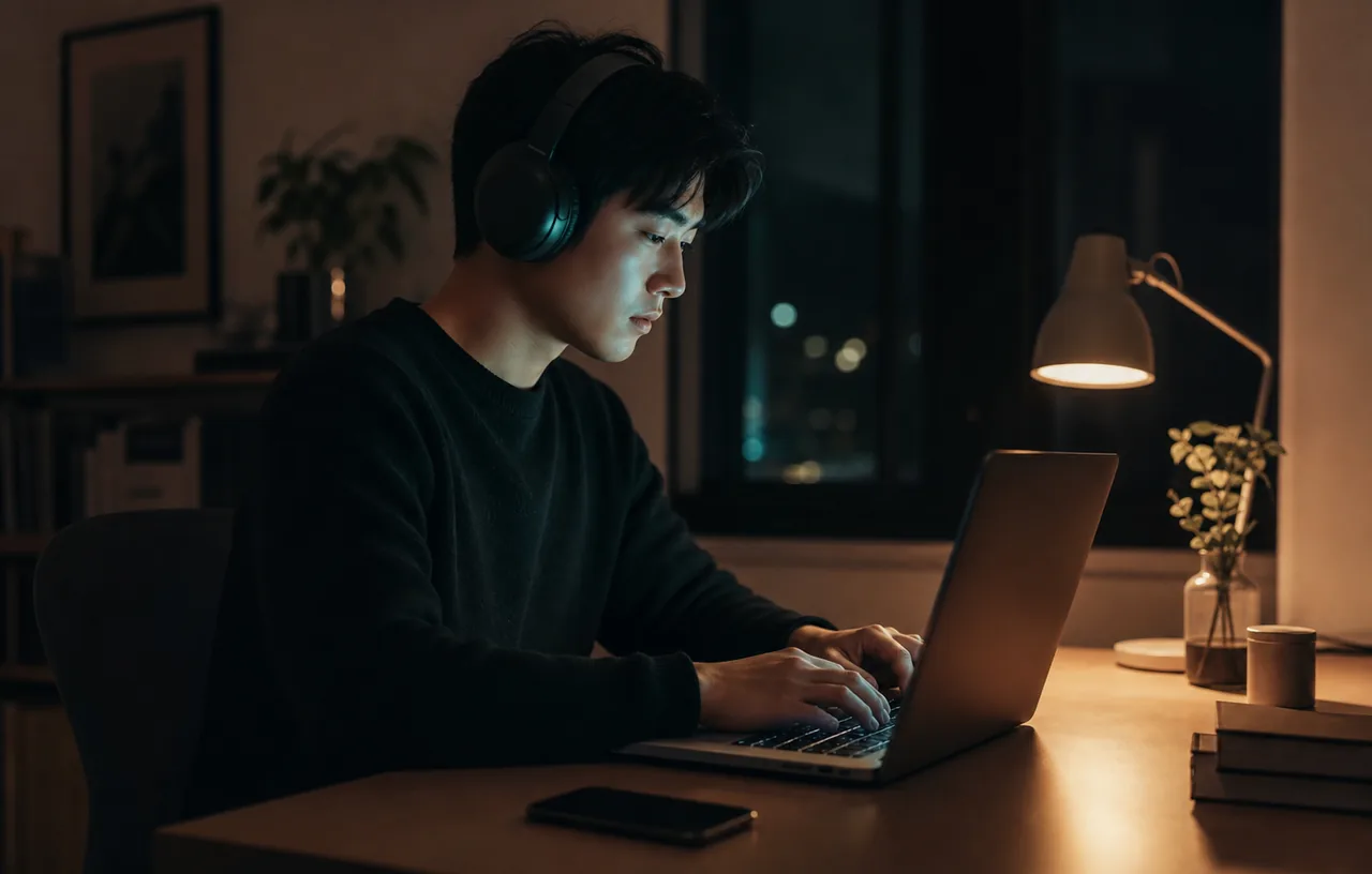 Young adult wearing headphones while working at a laptop at night