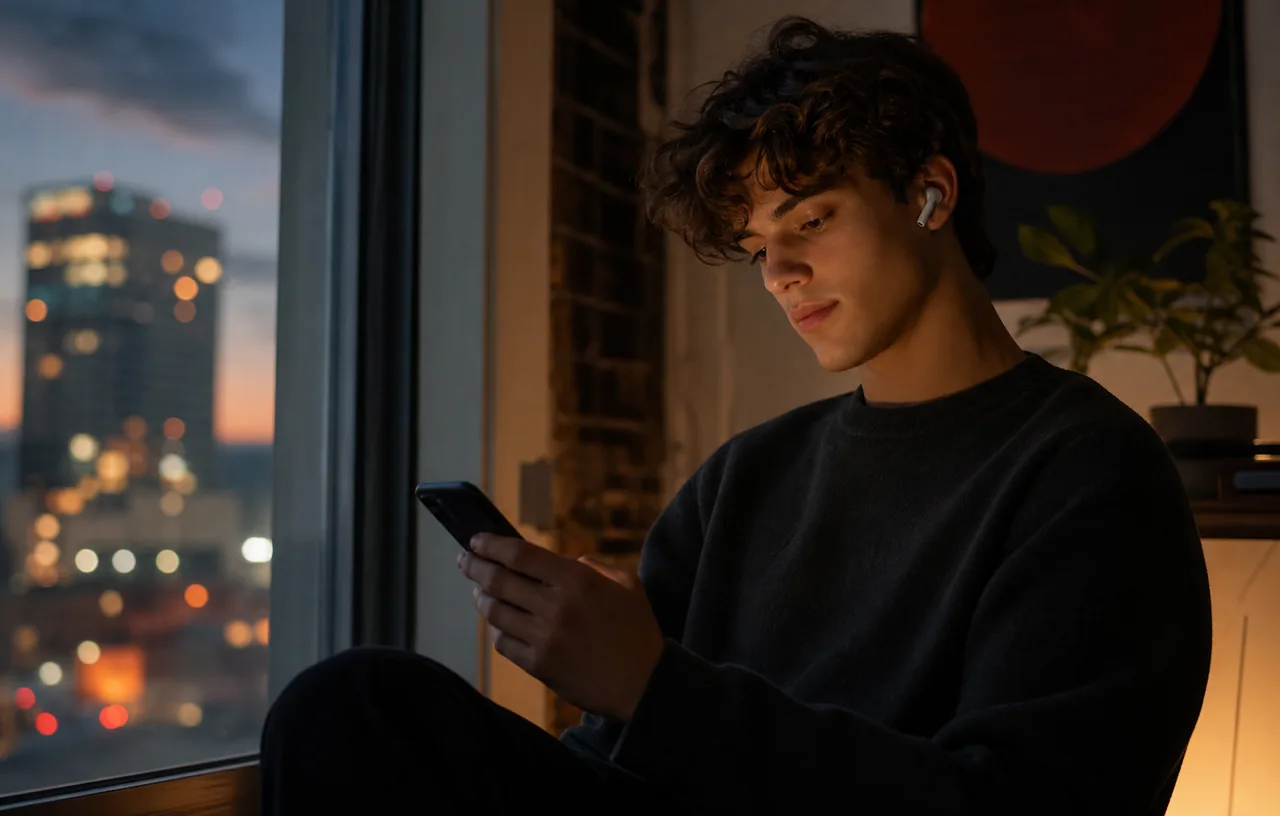 Young adult wearing earbuds and choosing music on a phone by a city window