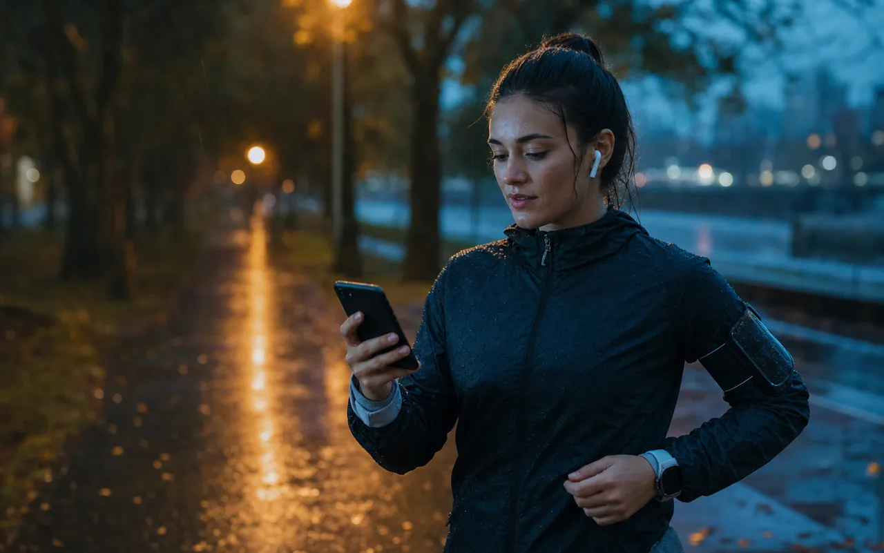Runner in light rain wearing earbuds and checking a phone