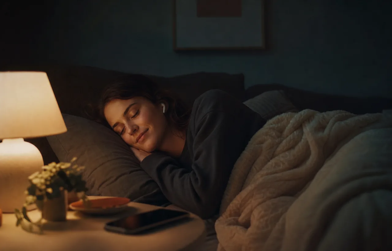 Young adult resting with earbuds while a phone sits near a bedside lamp